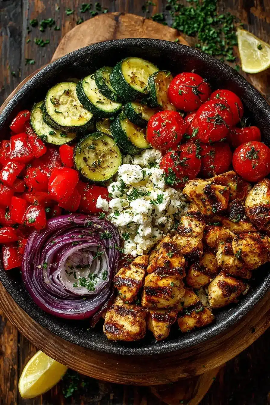 Greek roasted vegetable and chicken bowl with maple honey drizzle
