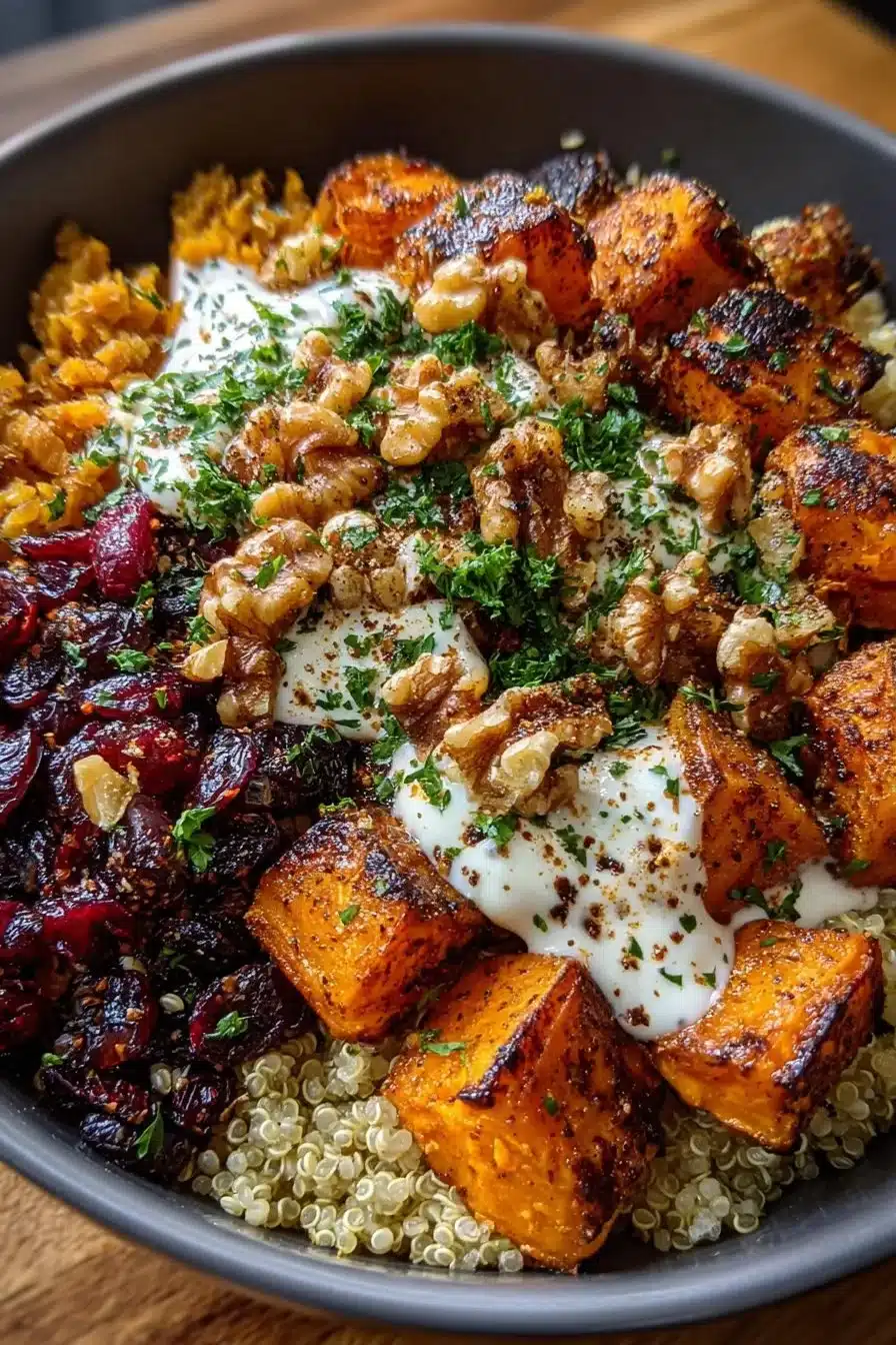 Greek Sweet Potato Bowl with feta cheese and walnut crunch on a wooden table