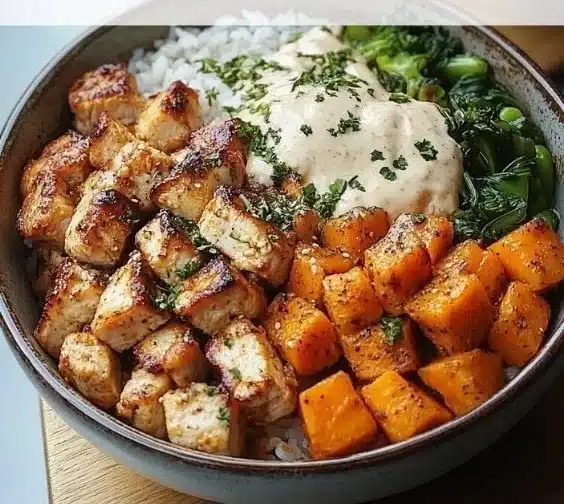 Delicious grilled chicken salad served in a bowl with fresh vegetables.