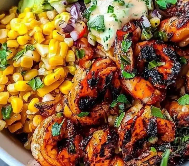 A vibrant grilled shrimp bowl with colorful vegetables and rice.