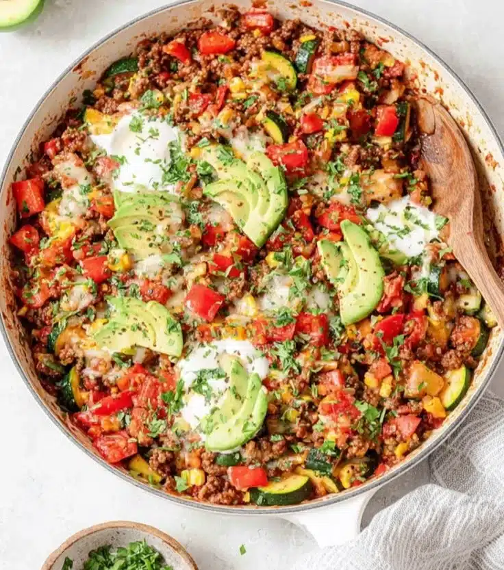 Ground Beef and Zucchini Skillet in a frying pan