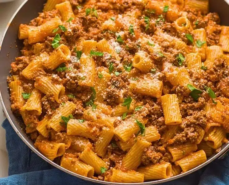 A delicious plate of ground beef pasta topped with fresh herbs and cheese.
