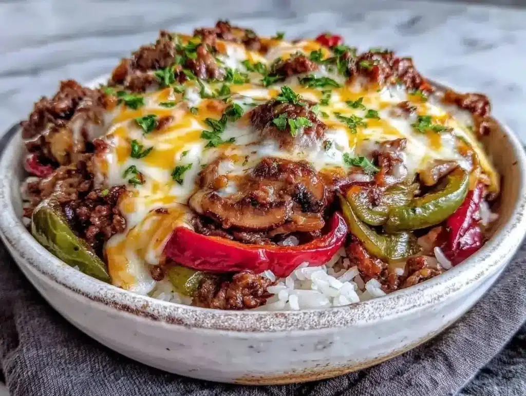 Ground Beef Philly Cheesesteak with 35g protein, served in a toasted hoagie roll.