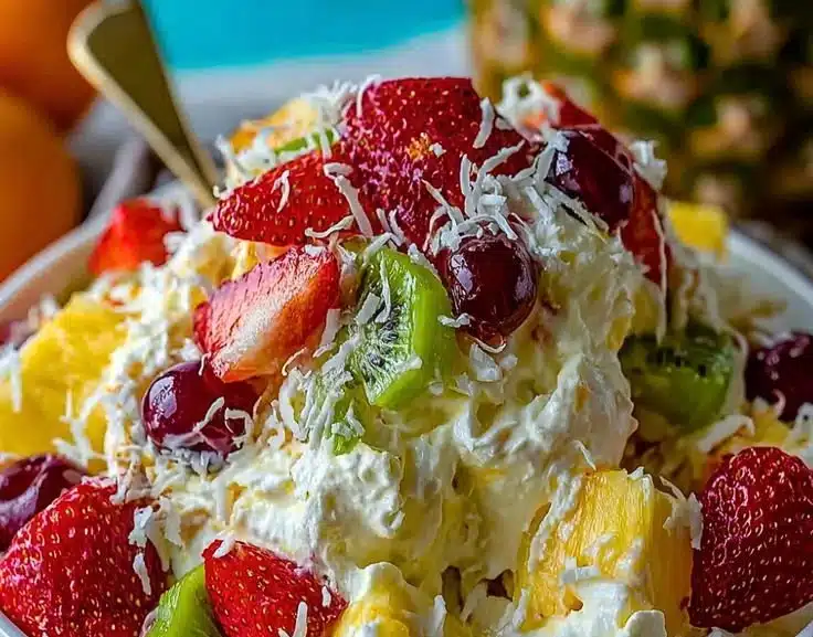 Hawaiian Cheesecake Salad with tropical fruits and creamy texture
