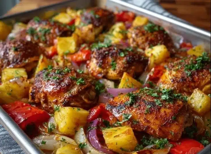 Delicious Hawaiian Chicken Sheet Pan dish with vibrant vegetables and tropical flavors