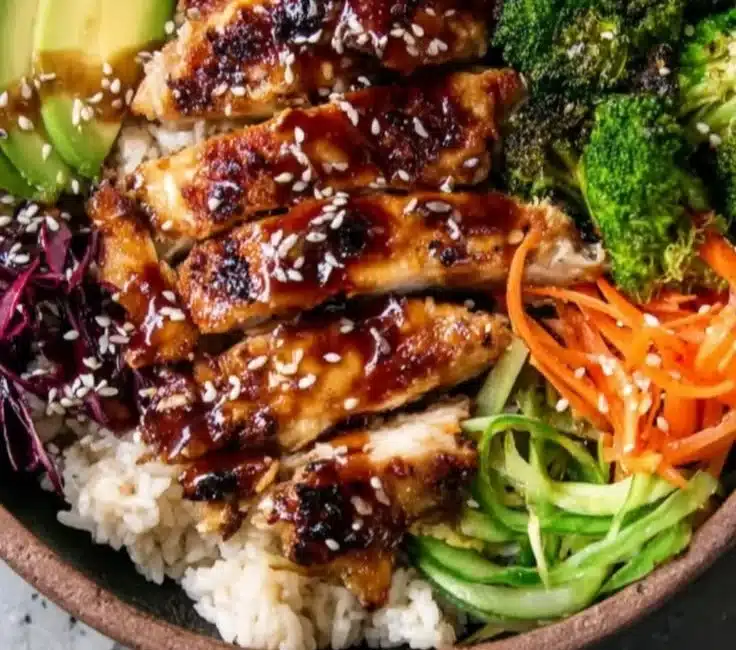 Healthy sticky chicken bowls with colorful vegetables