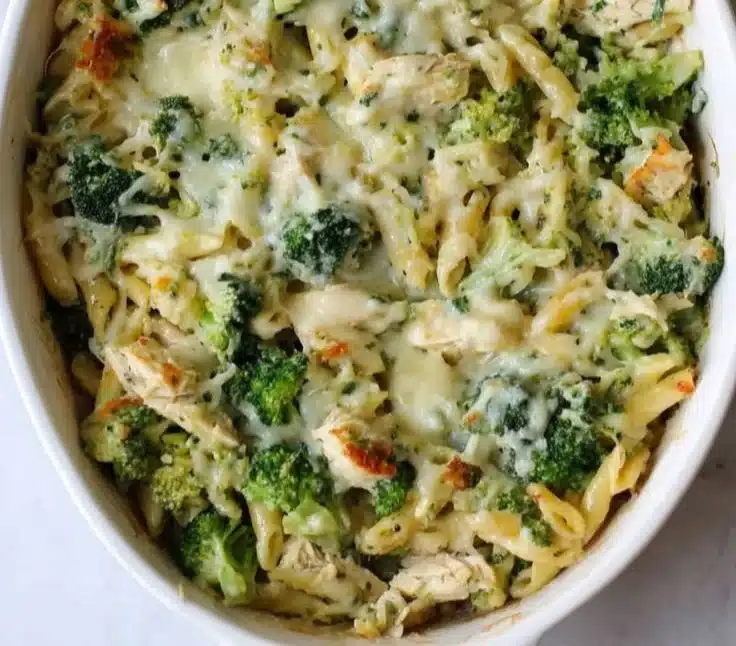High Protein Alfredo Bake served in a dish with cheese and pasta