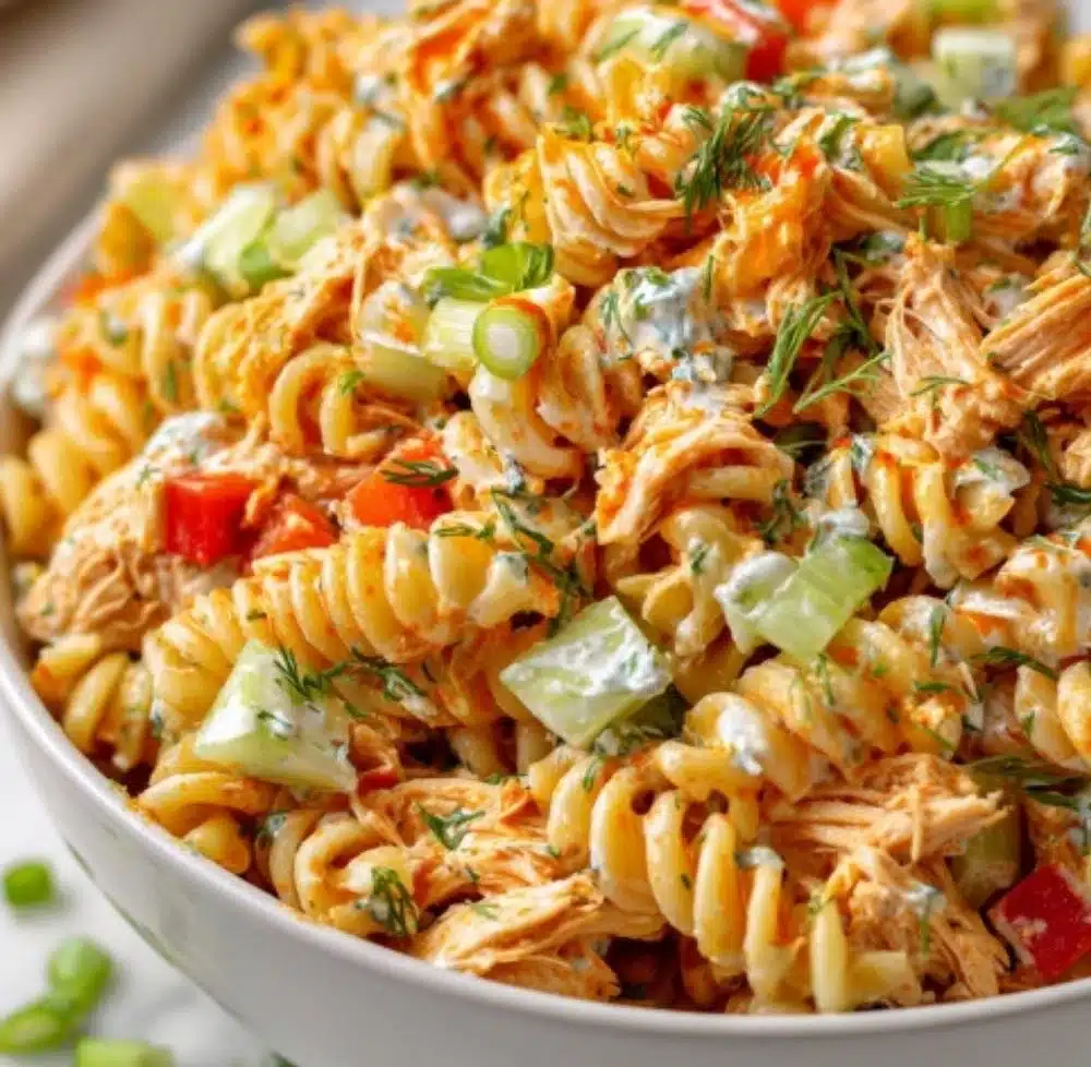 High Protein Buffalo Chicken Pasta Salad with vibrant ingredients