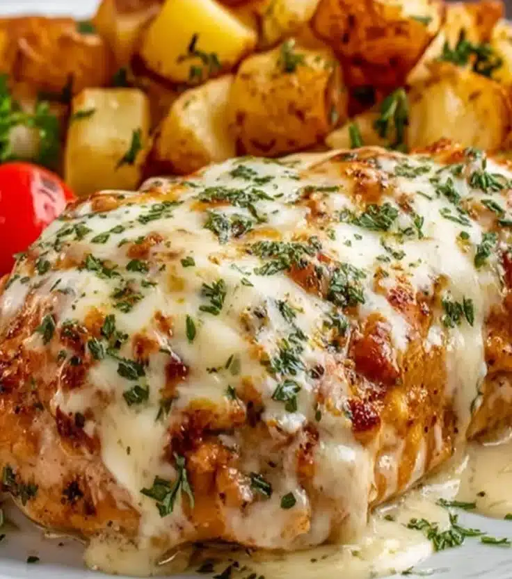 High protein cheesy chicken potatoes dish ready to serve.