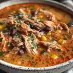 High protein chicken taco soup served in a bowl with toppings.