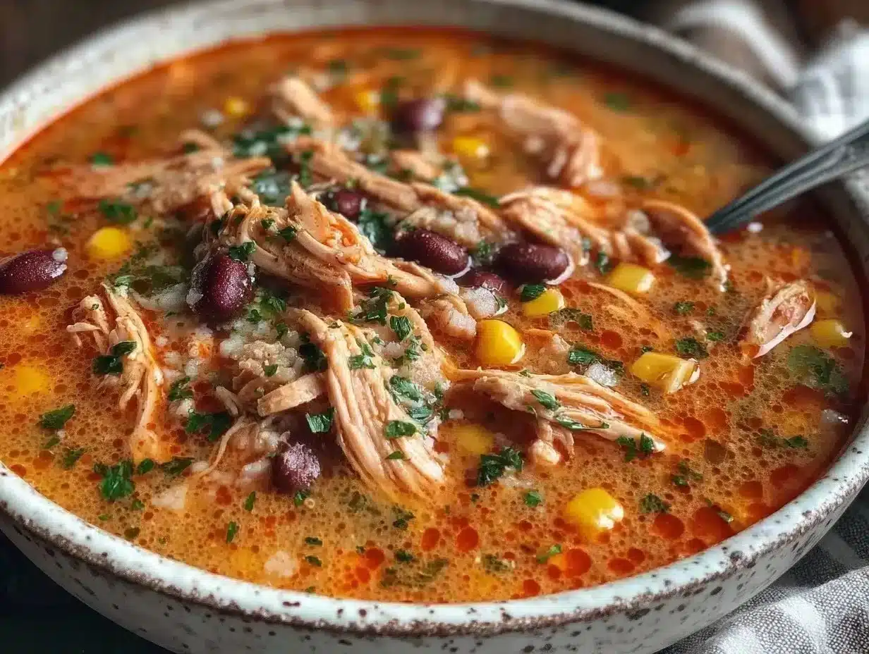 High protein chicken taco soup served in a bowl with toppings.