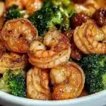 Plate of high-protein honey garlic shrimp garnished with herbs