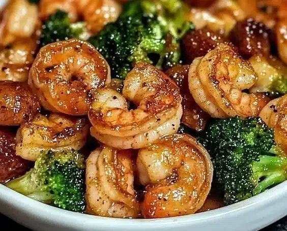 Plate of high-protein honey garlic shrimp garnished with herbs