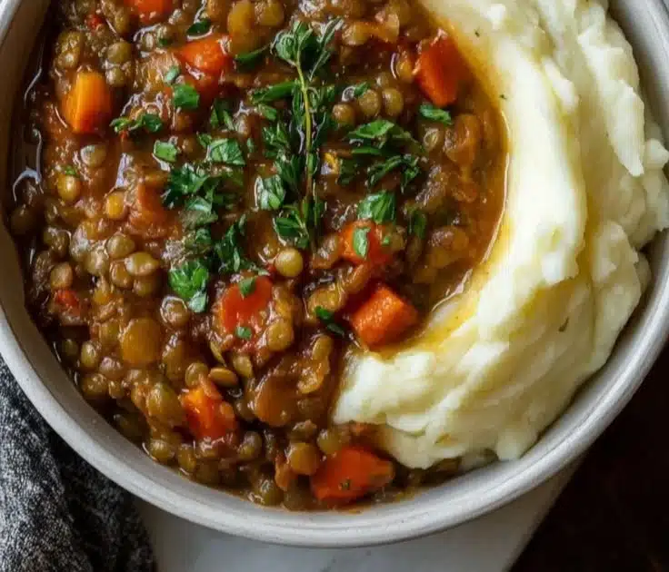 Bowl of high protein lentil stew garnished with herbs and spices