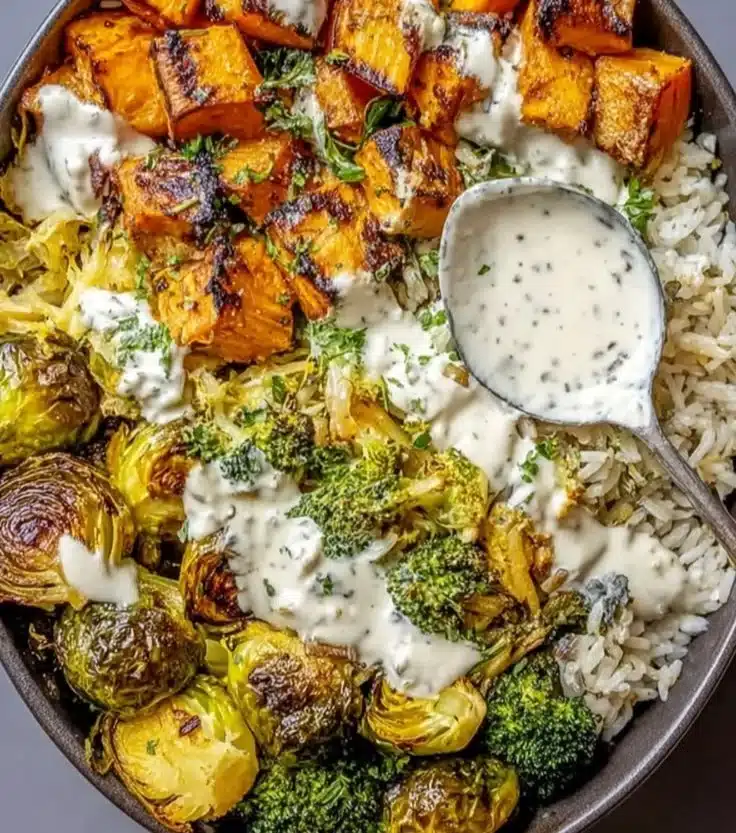 High Protein Roasted Winter Vegetable Nourish Bowl with vibrant seasonal veggies