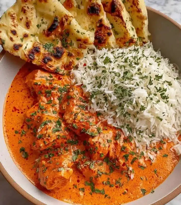 A delicious plate of homemade butter chicken served with rice and naan.