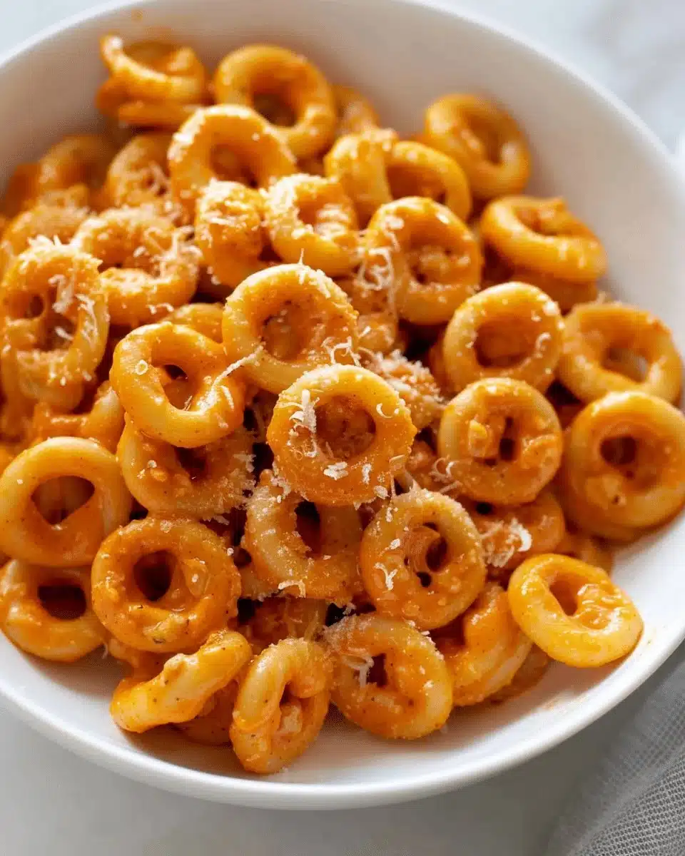 Bowl of homemade spaghettios served with a sprinkle of cheese.