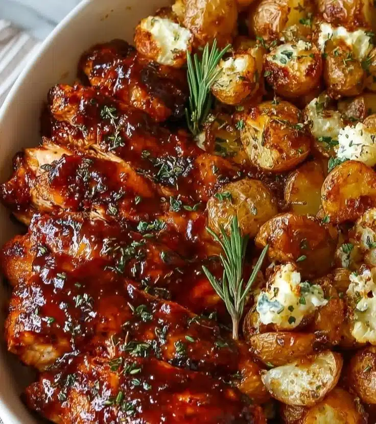 Plate of Honey BBQ Chicken served with roasted potatoes
