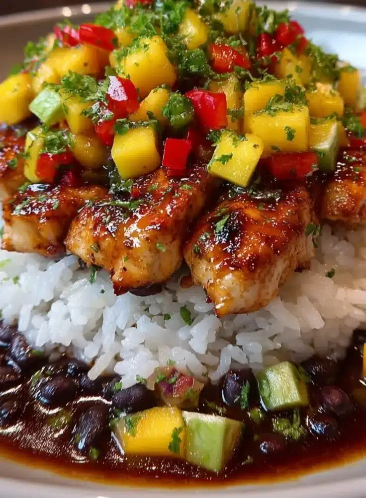Honey Lime Chicken served with Mango Black Bean Rice Stack for a tasty meal