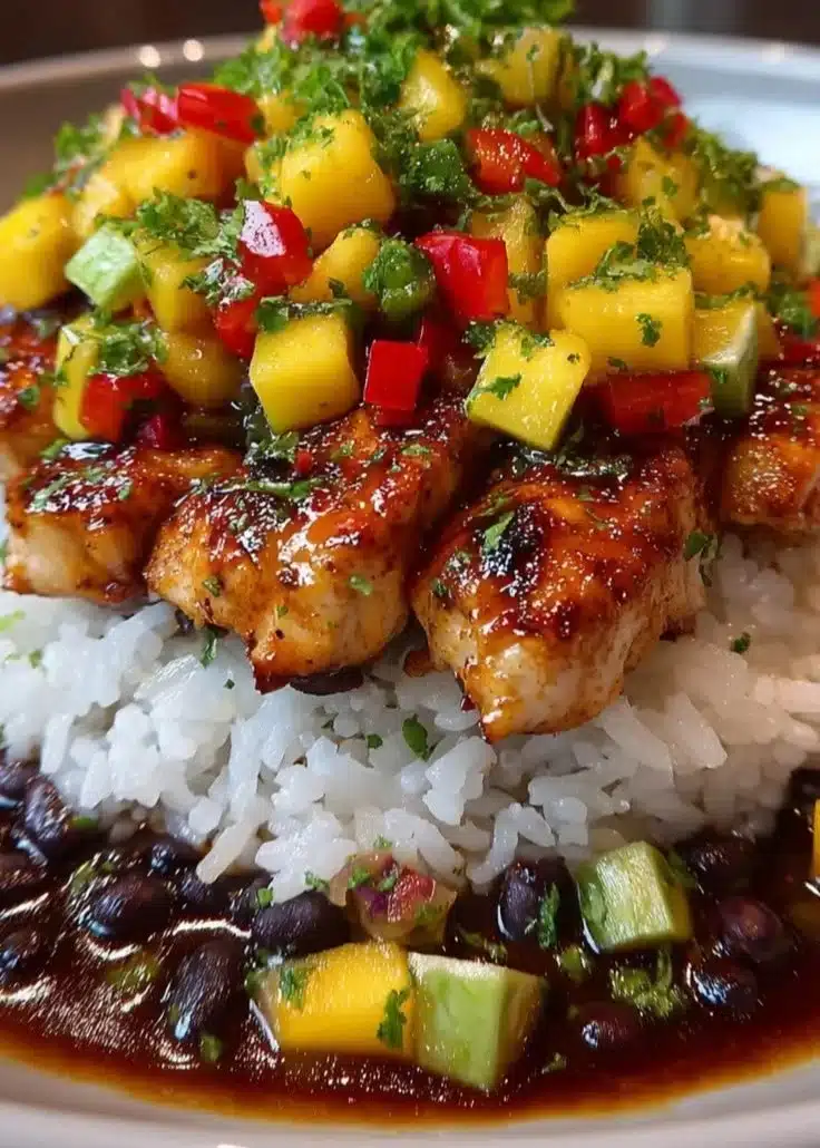 Honey Lime Chicken with Mango Black Bean Rice Stack - a flavorful and healthy dish