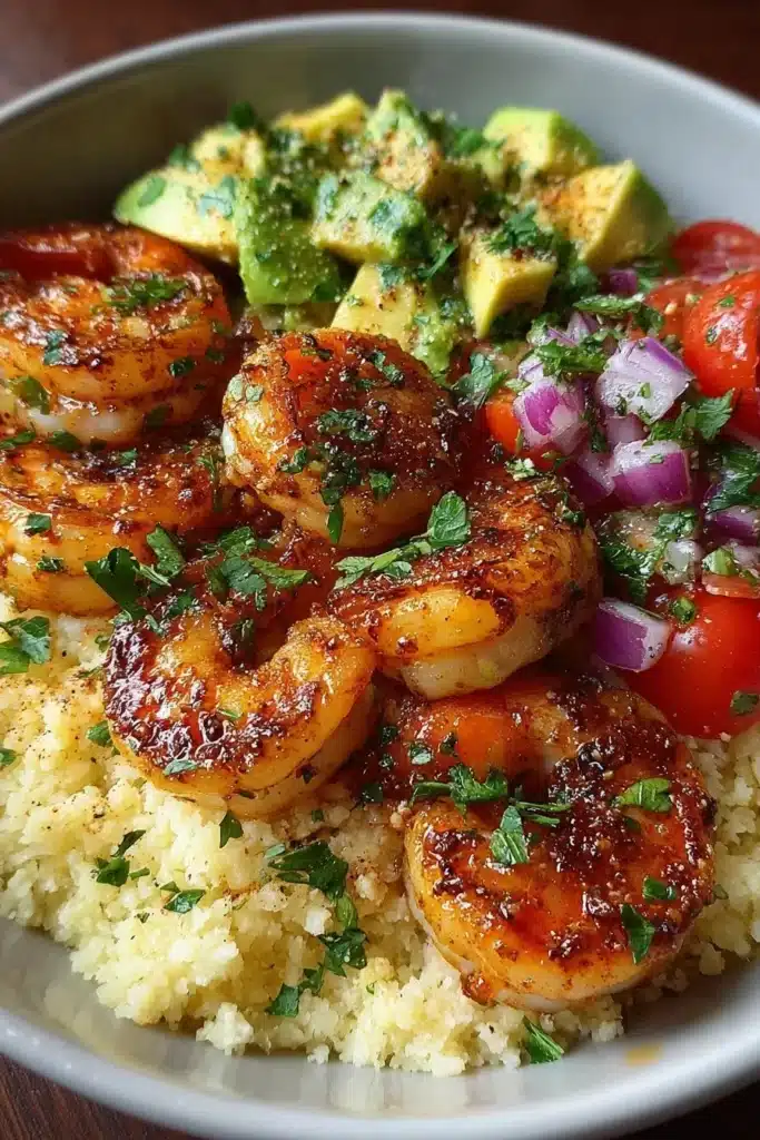 Honey Lime Shrimp and Avocado Cauliflower Rice Stack on a plate