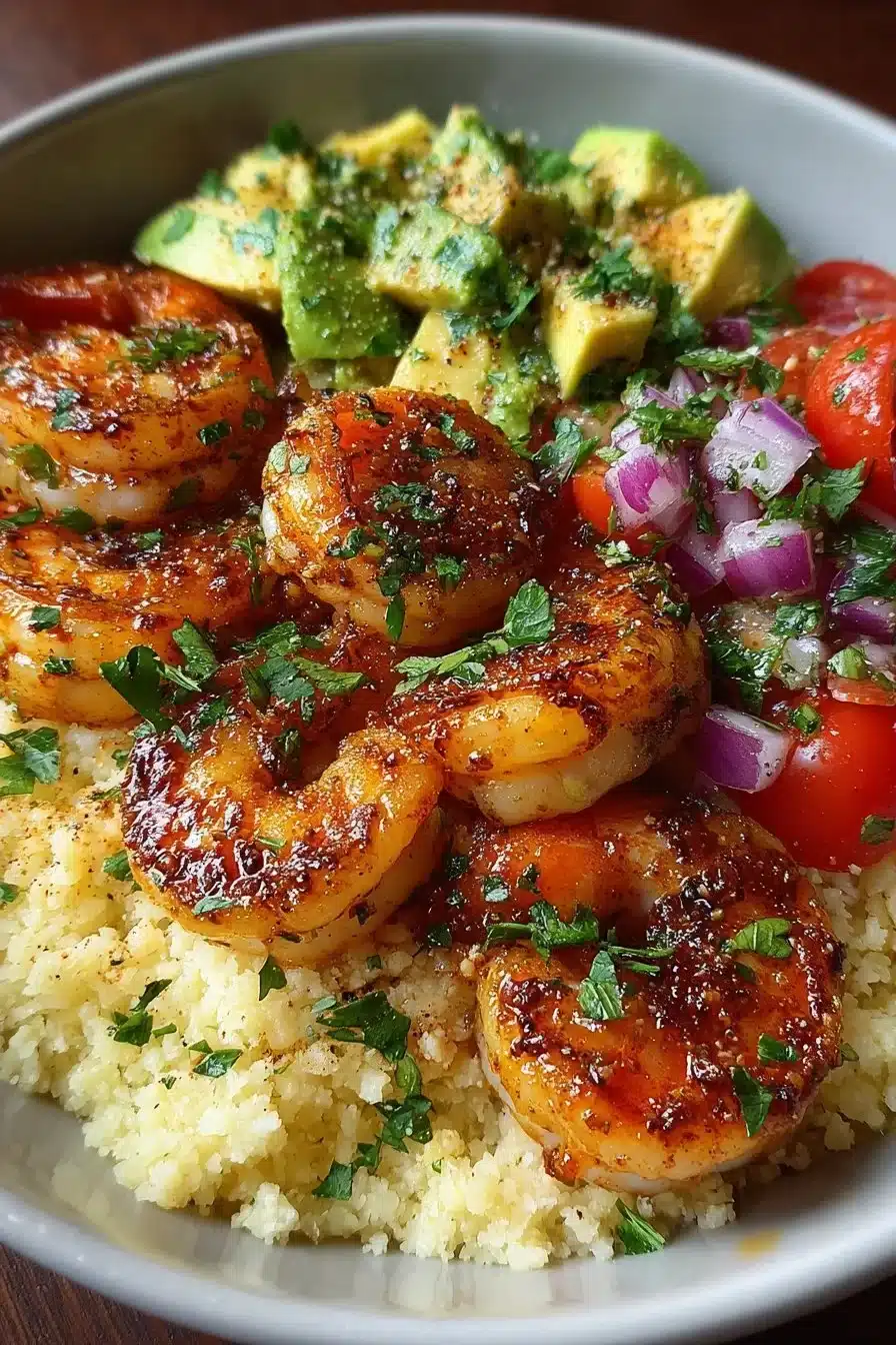 Honey Lime Shrimp and Avocado Cauliflower Rice Stack on a plate