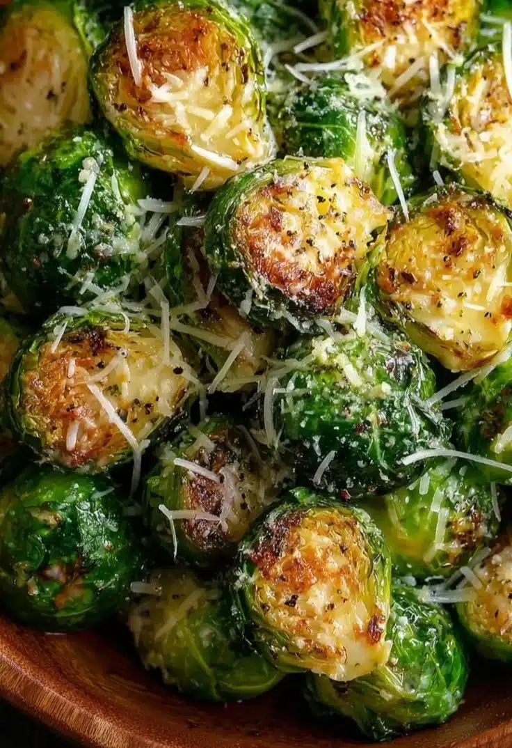 Honey roasted Brussels sprouts with melted cheese, a delicious side dish