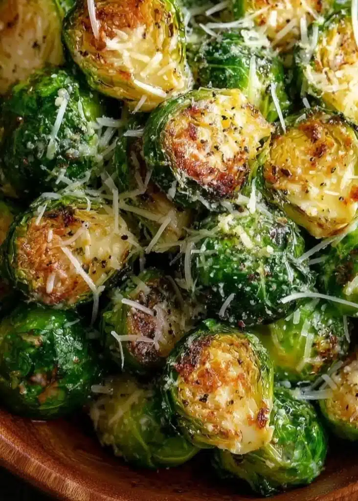 Honey roasted Brussels sprouts with melted cheese on top in a serving dish.