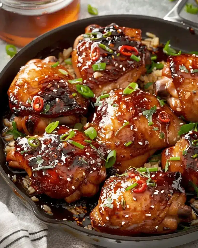 Honey soy baked chicken thighs garnished with herbs and served on a plate.