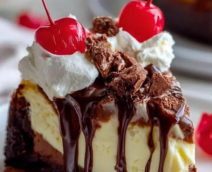 Delicious hot fudge sundae cheesecake topped with brownie pieces and fudge sauce.