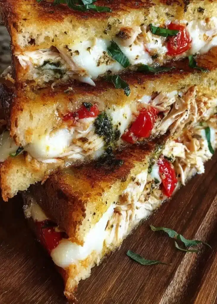 Italian pesto panini sandwich with fresh basil and mozzarella cheese