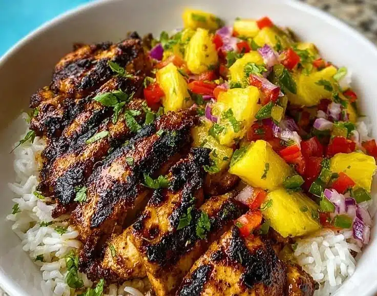 Jerk Chicken Bowl topped with fresh Pineapple Salsa served in a colorful dish