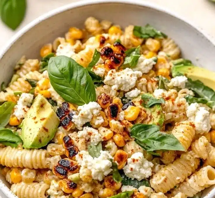 Juicy Street Corn Pasta Salad with fresh ingredients and vibrant colors