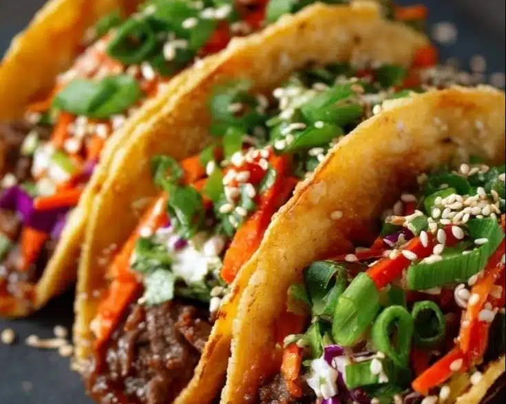 Korean beef tacos served with fresh toppings and sesame sauce