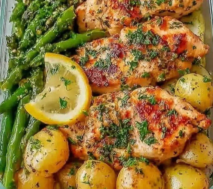 Lemon garlic chicken bowl garnished with fresh herbs and vegetables