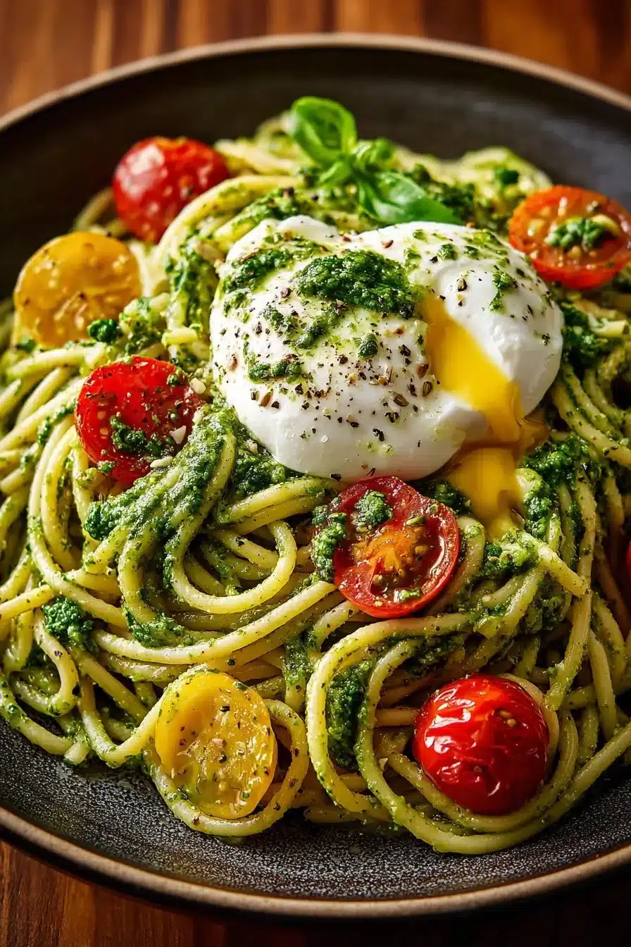 Bowl of Lemon Pesto Pasta topped with creamy Burrata cheese