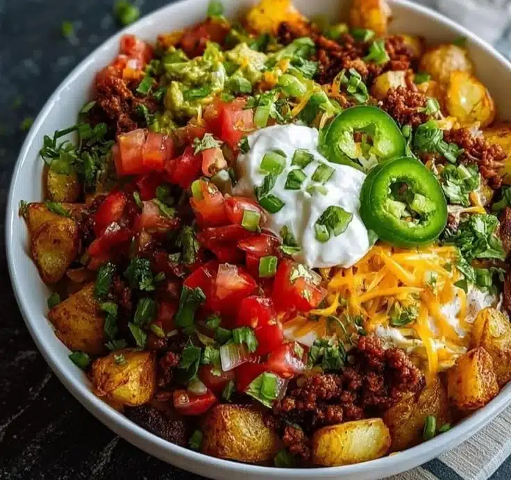 Loaded Potato Taco Bowl topped with fresh ingredients and spices.