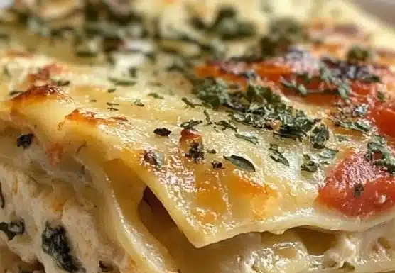 Loaded Veggie White Lasagna with spinach, ricotta, and mozzarella cheese