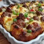 Low Carb Philly Cheesesteak Casserole topped with melted cheese and peppers