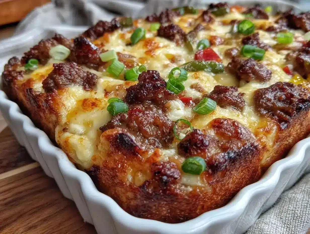 Low Carb Philly Cheesesteak Casserole topped with melted cheese and peppers