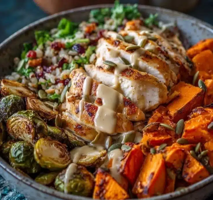 Maple Dijon Chicken Bowls with vegetables and grains in a colorful presentation