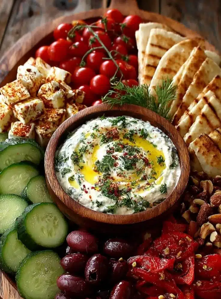 Mediterranean Grazing Board with assorted cheeses, olives, and fresh vegetables