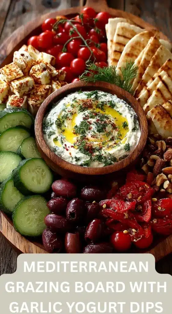 Mediterranean grazing board with creamy garlic yogurt dips and assorted ingredients