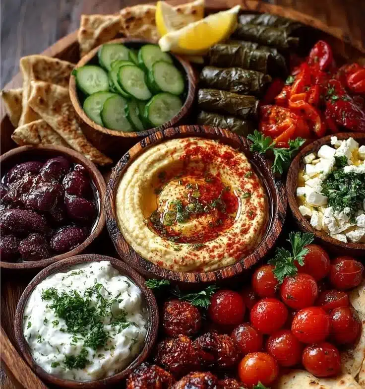 Mediterranean mezze snack platter with assorted dips, bread, and vegetables