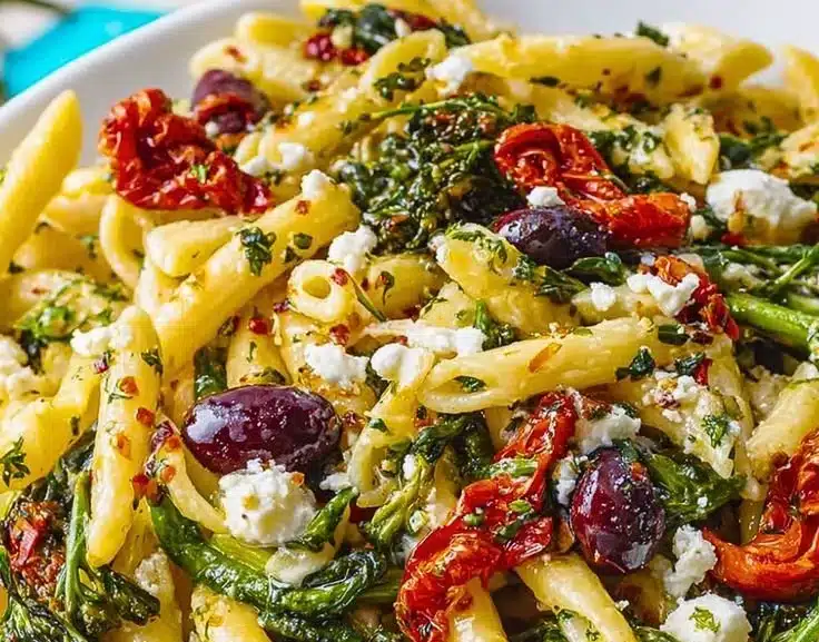 A vibrant bowl of Mediterranean Pasta with fresh vegetables and herbs.