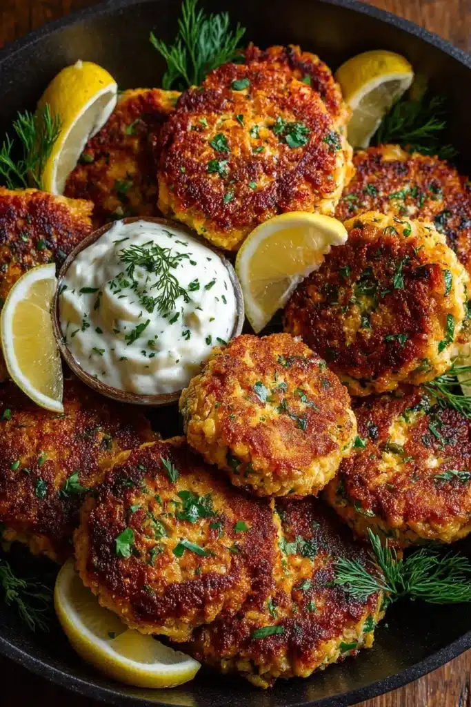 Healthy Mediterranean salmon patties served with fresh herbs and lemon.