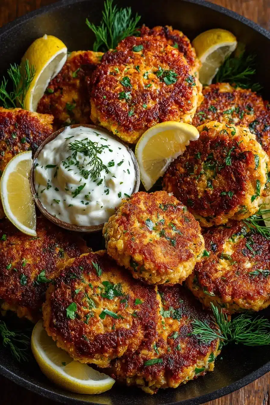 Healthy Mediterranean salmon patties served with fresh herbs and lemon.