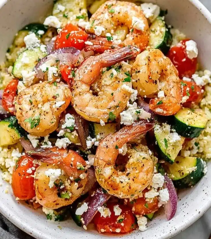 Mediterranean shrimp dish with vibrant ingredients and fresh herbs