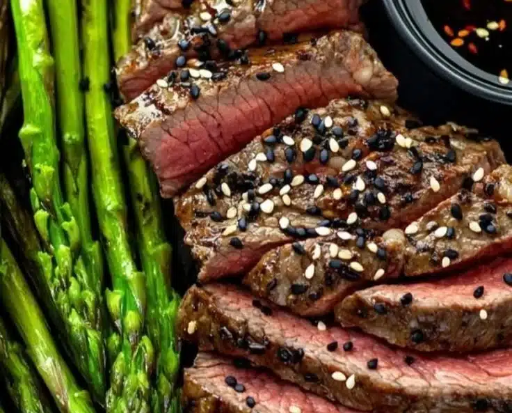 Grilled mouthwatering tuna steak served on a plate with garnishes