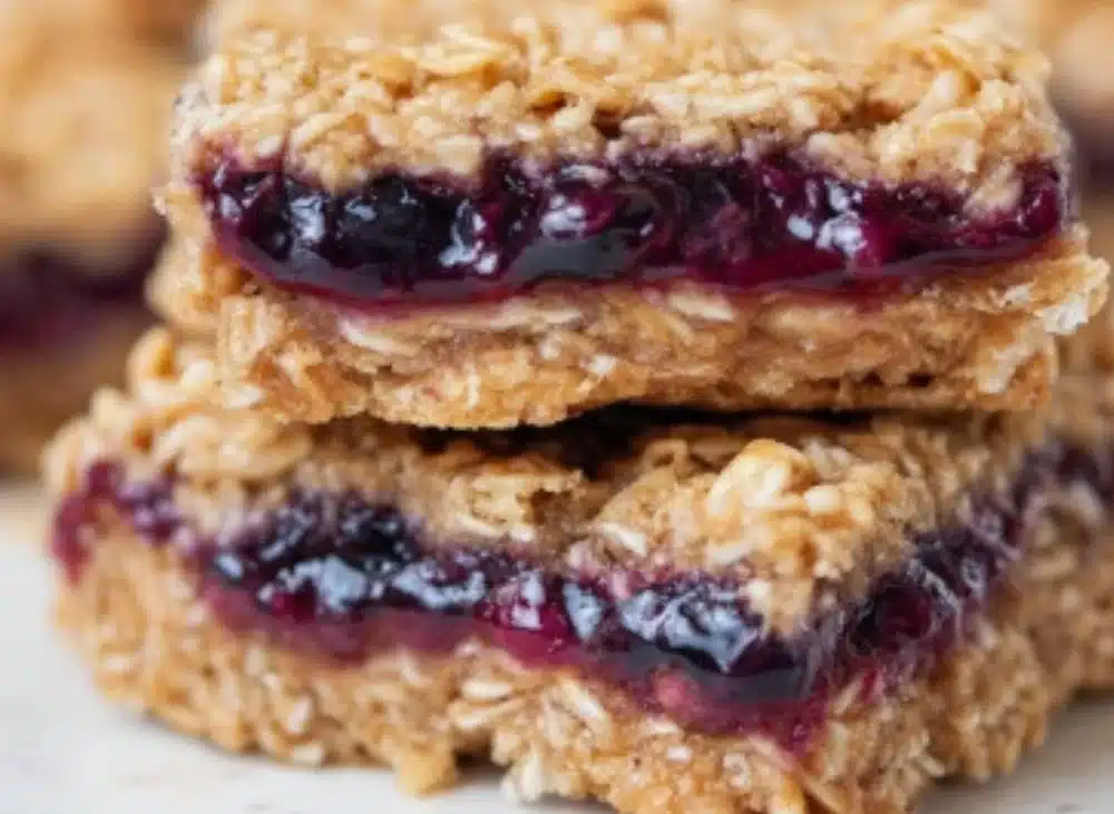 No bake blueberry oatmeal bars stacked on a plate, healthy snack idea.